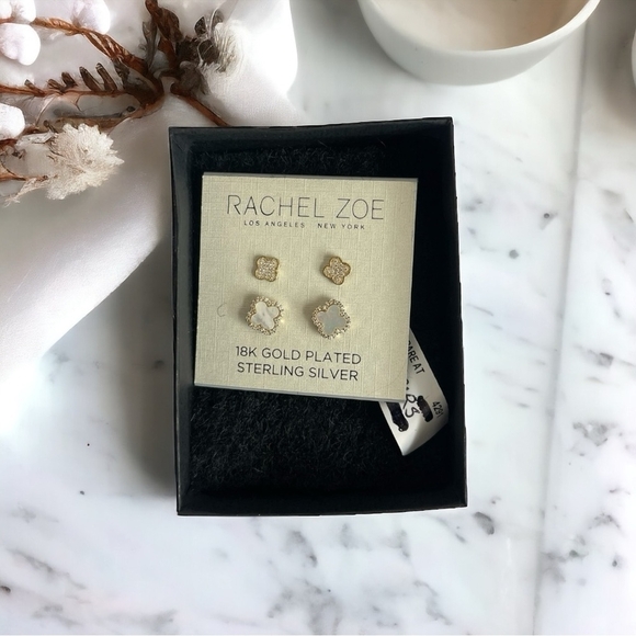 NWT Earrings RachelZoe Gold Sterling Silver Mother of Pearl Clover Stud Earrings - Picture 2 of 6
